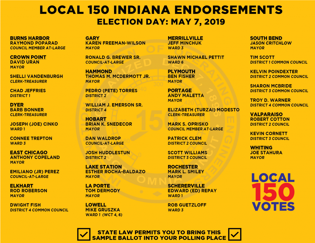 Indiana Primary Election Endorsement List IUOE Local 150